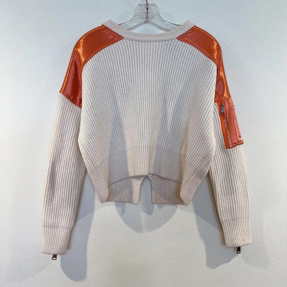 Maje x Schott Wool Blend Cream Satin Designer Cropped Pullover Cropped Sweater 1 - Picture 2 of 8